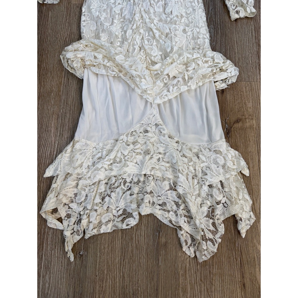 Whimsigoth Boho Floral Lace Handkerchief Hem Midi Dress Womens S Cream Vintage - Picture 9 of 9